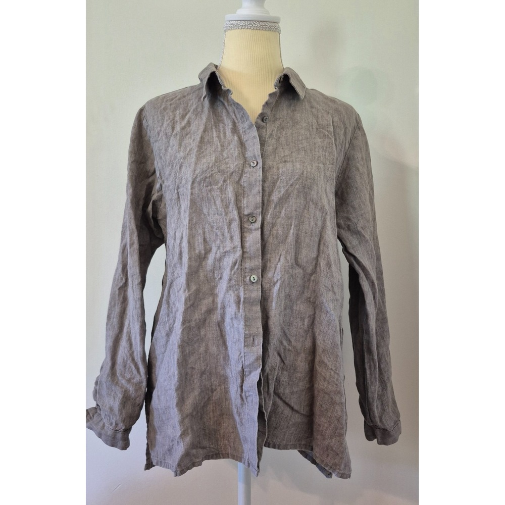 EILEEN FISHER Women's Petite M PM 100% Organic Linen Button Down Shirt Lagenlook